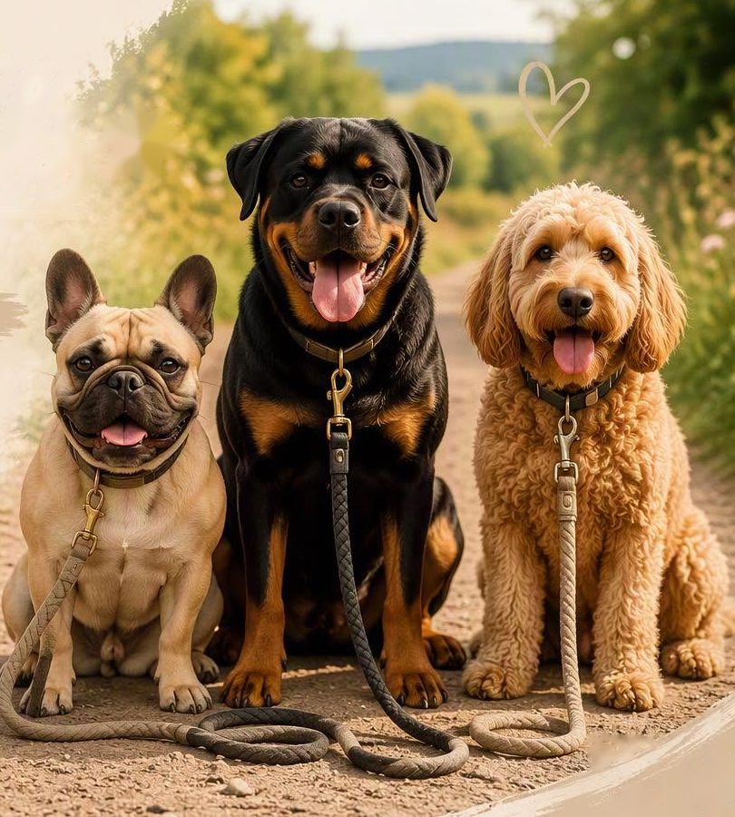 A French bulldog, a Rottweiler and a cockapoo sitting together on a country footpath
