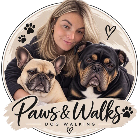 Paws & Walks logo: Beth with her French bulldog and bulldog